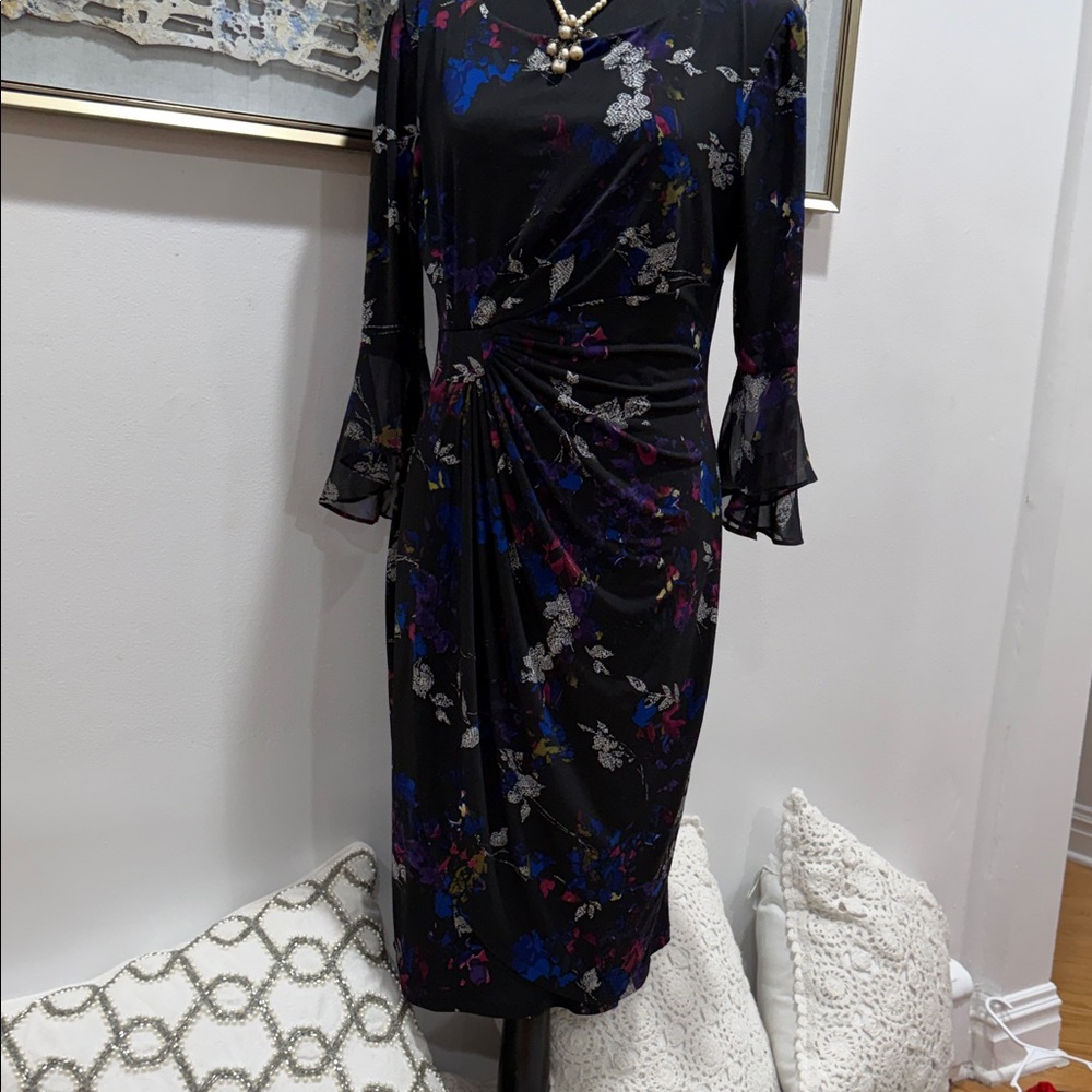 Connected Apparel Black Dress with Blue and Purple Floral Design